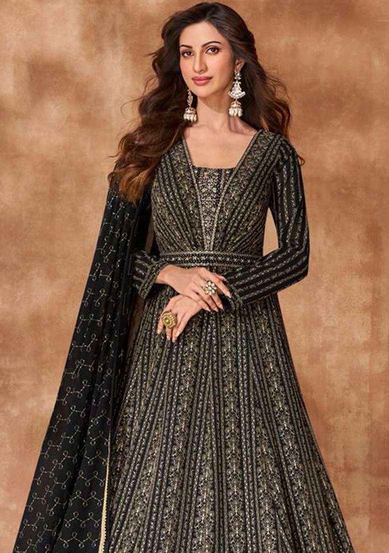 Black Embroidered Georgette Anarkali With Dupatta with Dupatta - Indya
