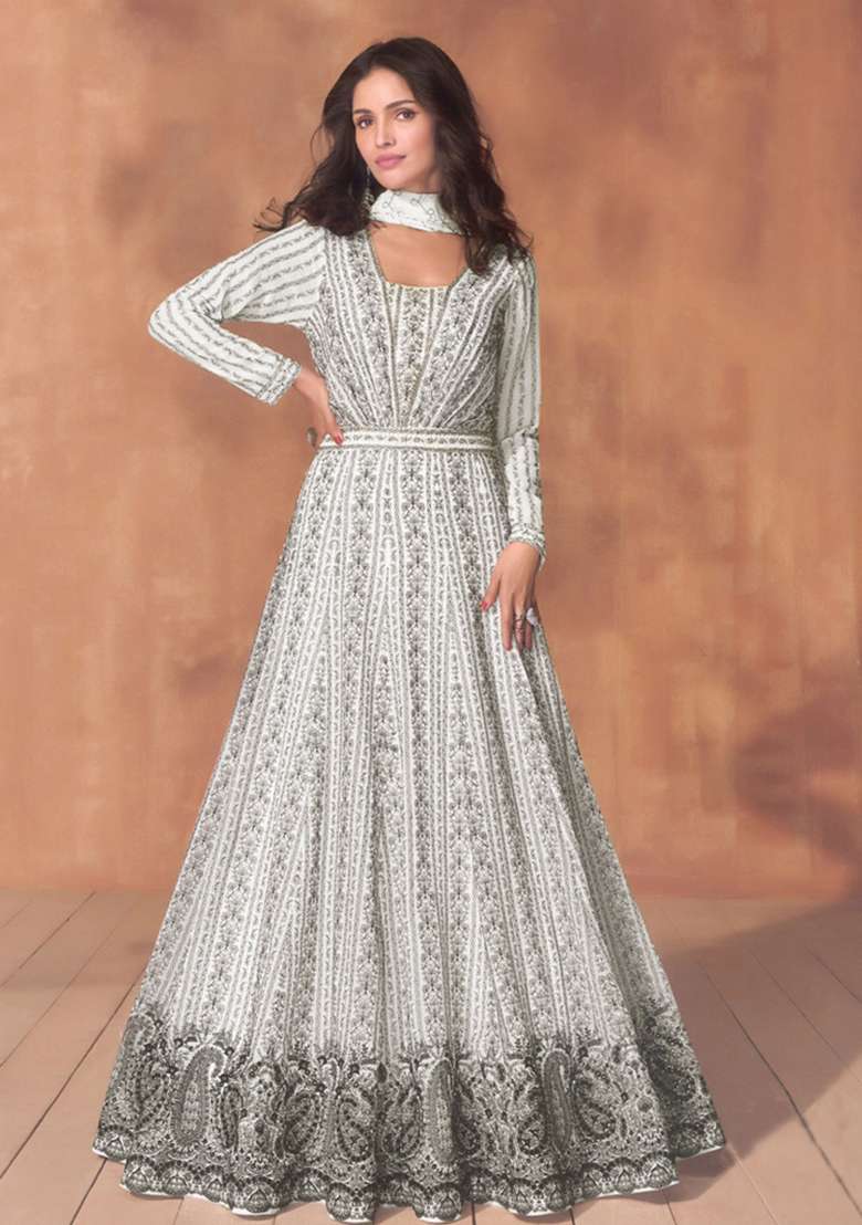 White Embroidered Georgette Anarkali With Dupatta with Dupatta - Indya