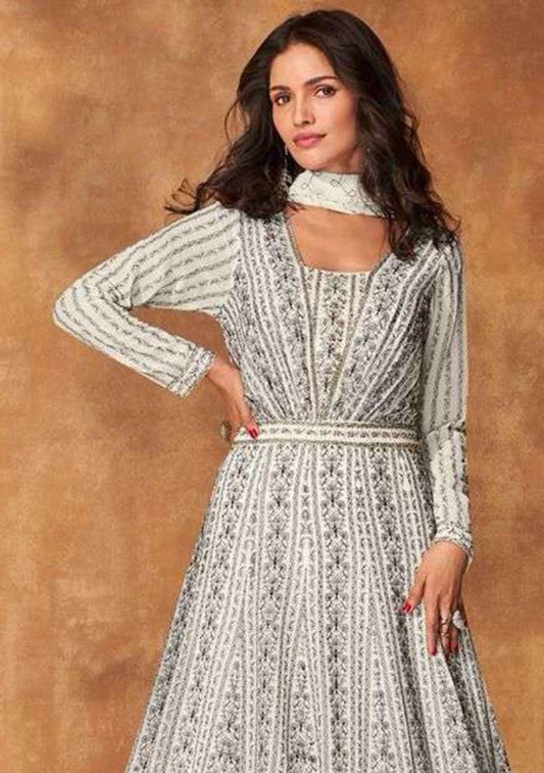 White Embroidered Georgette Anarkali With Dupatta with Dupatta - Indya