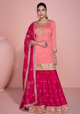 Peach Embroidered Chinnon   Sharara Set With Dupatta