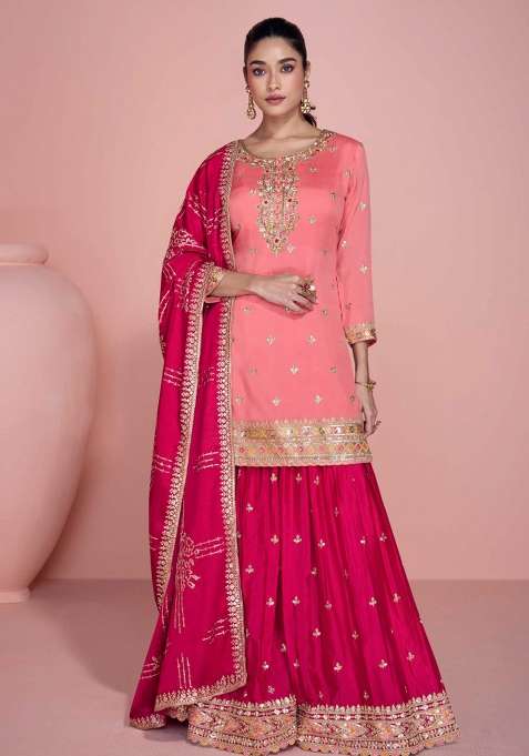Peach Embroidered Chinnon   Sharara Set With Dupatta