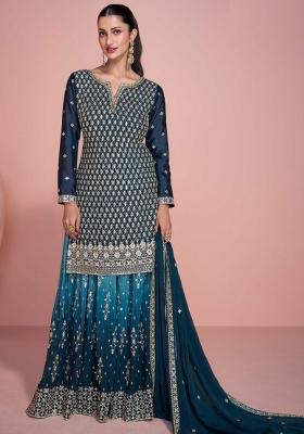 Blue Embroidered Chinnon   Sharara Set With Dupatta