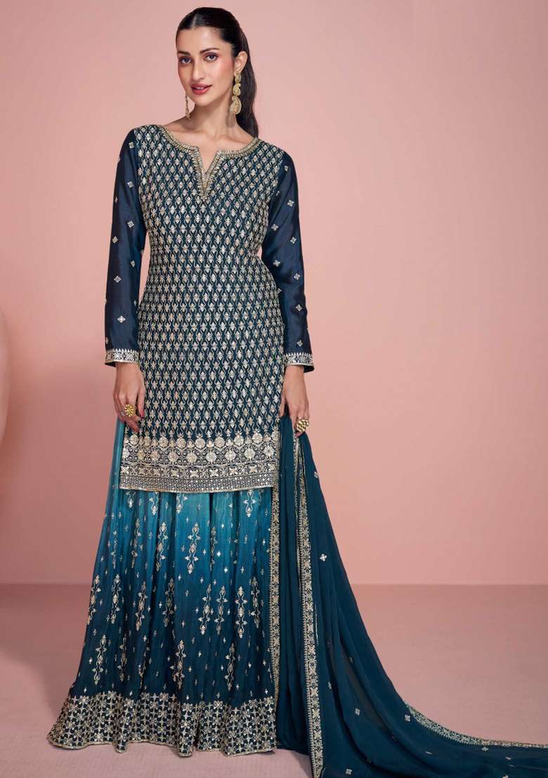 Blue Embroidered Chinnon   Sharara Set With Dupatta - Indya