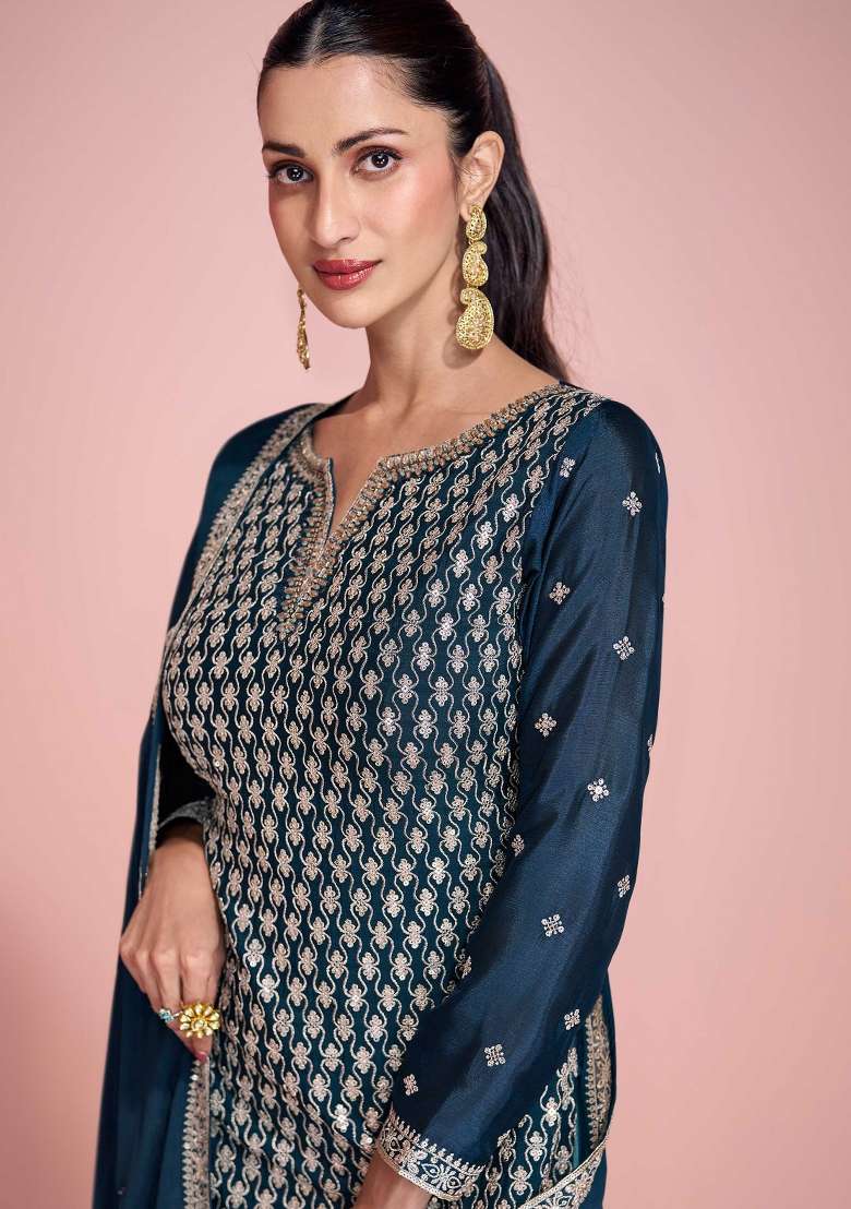 Blue Embroidered Chinnon   Sharara Set With Dupatta - Indya