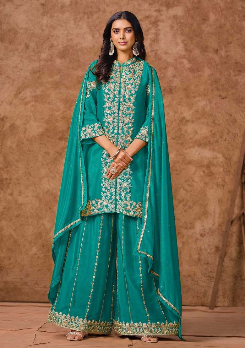 Turquoise Blue Embroidered Chinnon   Plazzo Set With Dupatta - Indya