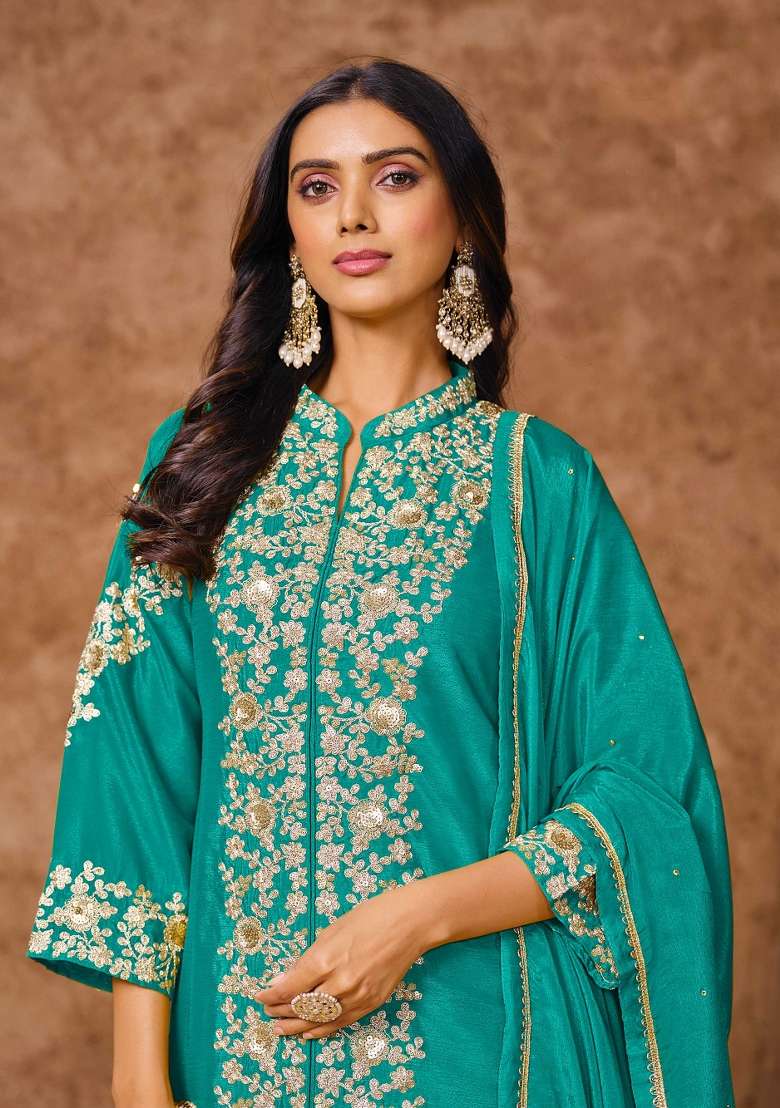 Turquoise Blue Embroidered Chinnon   Plazzo Set With Dupatta - Indya