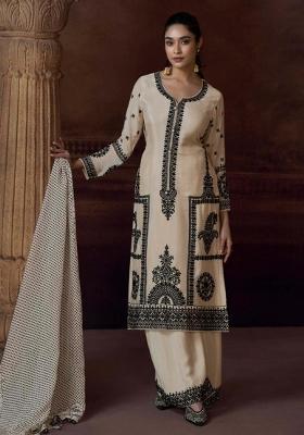 Beige Embroidered Chinnon   Plazzo Set With Dupatta
