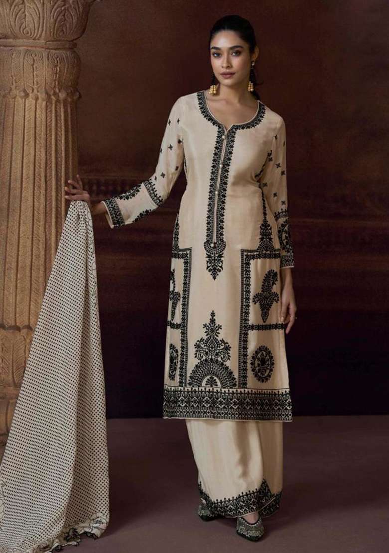 Beige Embroidered Chinnon   Plazzo Set With Dupatta - Indya