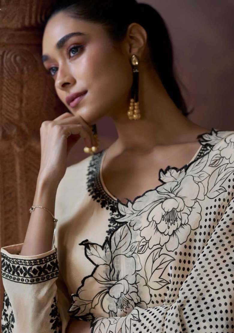 Beige Embroidered Chinnon   Plazzo Set With Dupatta - Indya