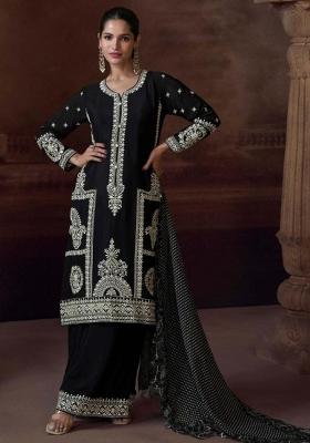 Black Embroidered Chinnon   Plazzo Set With Dupatta