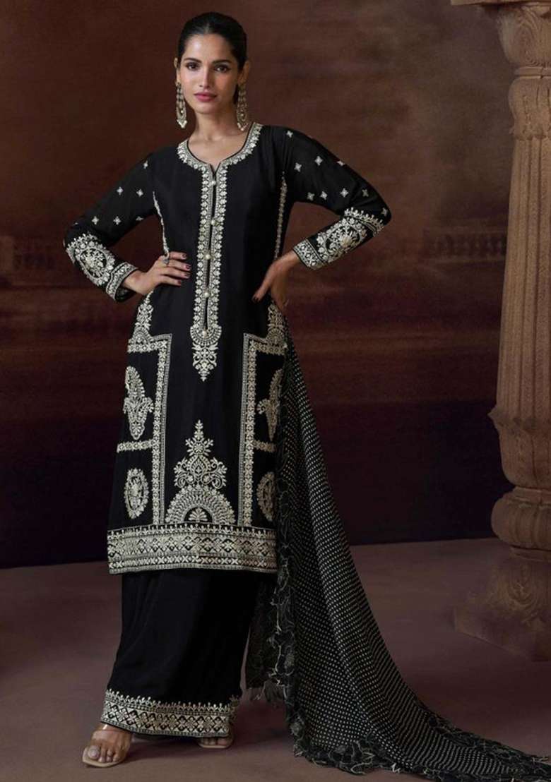 Black Embroidered Chinnon   Plazzo Set With Dupatta - Indya