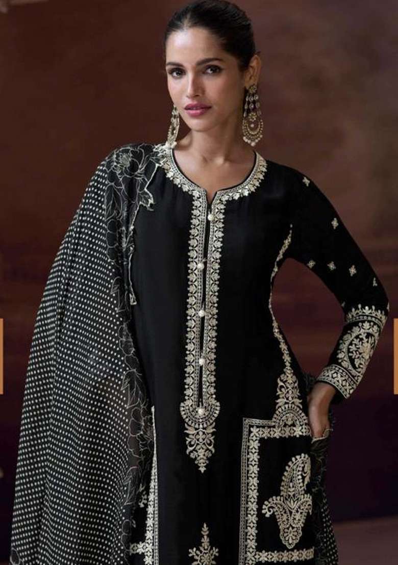 Black Embroidered Chinnon   Plazzo Set With Dupatta - Indya