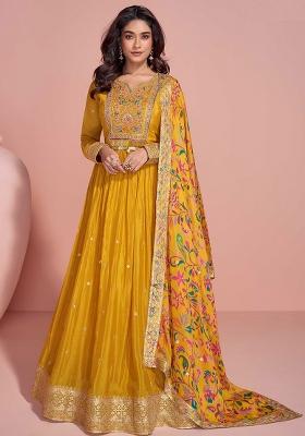 Mustard Yellow Embroidered Chinnon   Anarkali With Dupatta with Dupatta