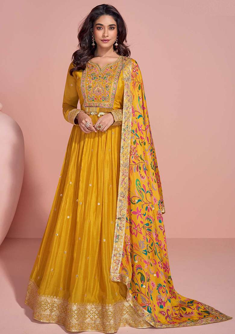 Mustard Yellow Embroidered Chinnon   Anarkali With Dupatta with Dupatta - Indya