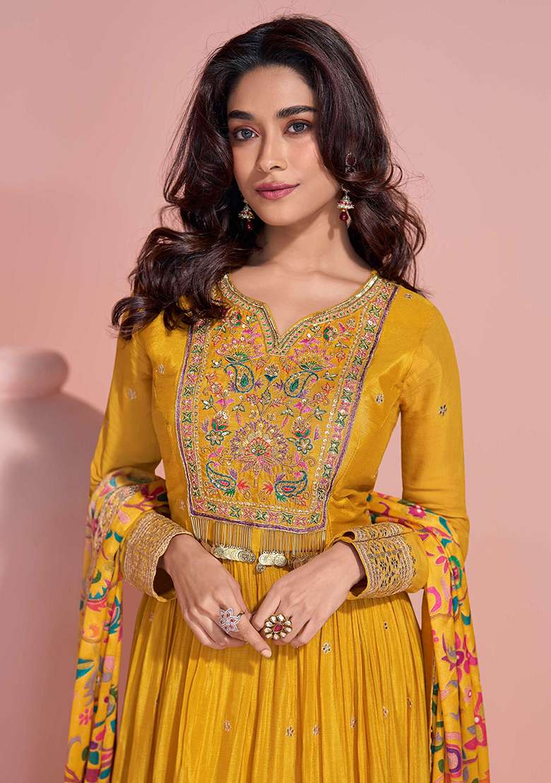 Mustard Yellow Embroidered Chinnon   Anarkali With Dupatta with Dupatta - Indya