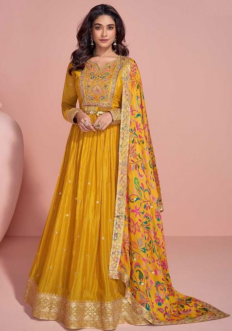Mustard Yellow Embroidered Chinnon   Anarkali With Dupatta with Dupatta