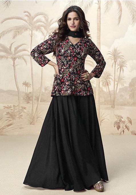 Black Embroidered Silk Lehenga Set With Dupatta