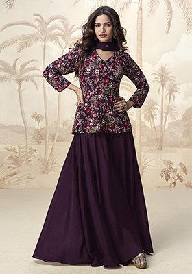 Purple Embroidered Silk Lehenga Set With Dupatta