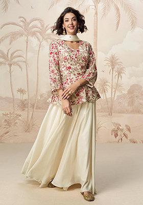 Cream Embroidered Silk Lehenga Set With Dupatta