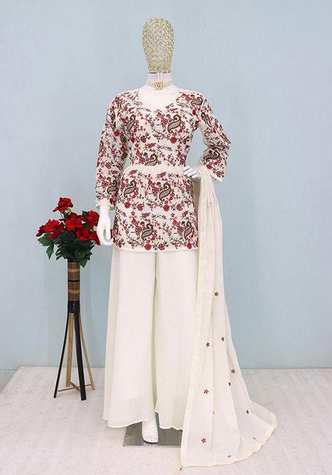 Cream Embroidered Silk Lehenga Set With Dupatta