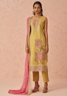 Yellow Embroidered Silk Salwar Kameez With Dupatta