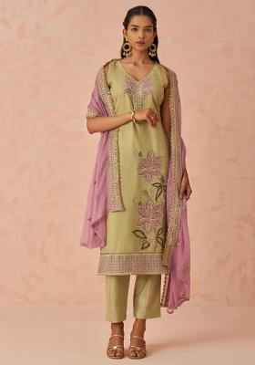 Gold Embroidered Silk Salwar Kameez With Dupatta