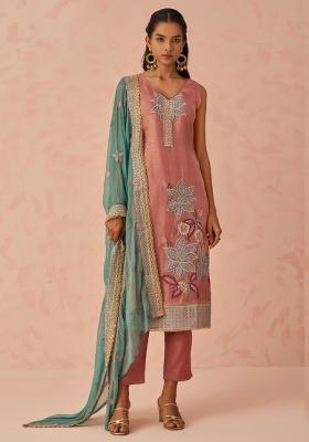 Peach Embroidered Silk Salwar Kameez With Dupatta