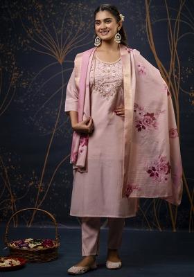 Baby Pink Embroidered Silk Salwar Kameez With Dupatta