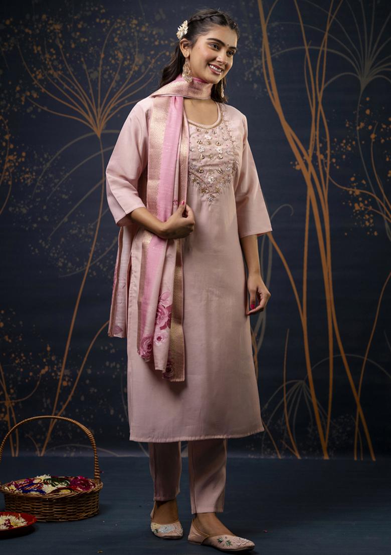 Baby Pink Embroidered Silk Salwar Kameez With Dupatta