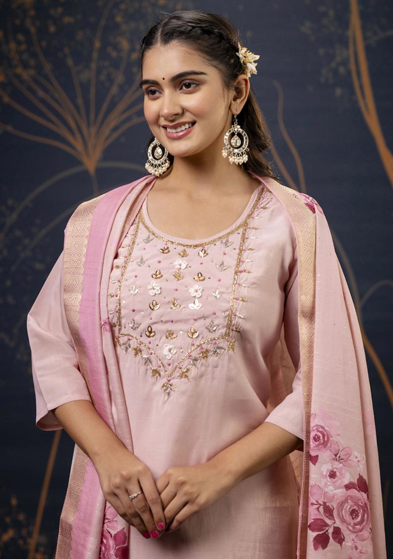 Baby Pink Embroidered Silk Salwar Kameez With Dupatta