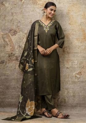 Mehendi Green Embroidered Silk Salwar Kameez With Dupatta