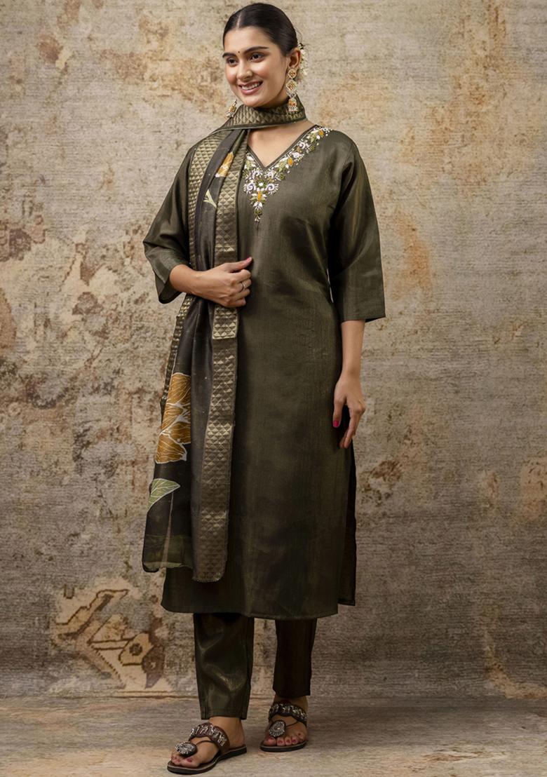 Mehendi Green Embroidered Silk Salwar Kameez With Dupatta