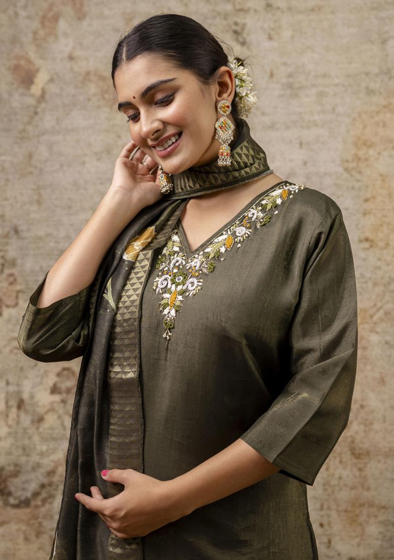 Mehendi Green Embroidered Silk Salwar Kameez With Dupatta