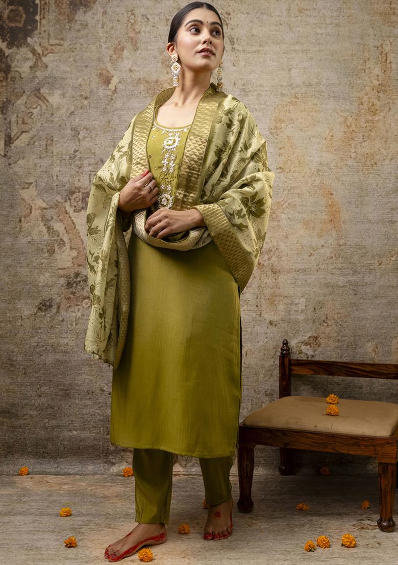 Light Green Embroidered Silk Salwar Kameez With Dupatta