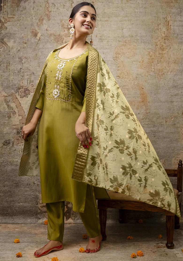 Light Green Embroidered Silk Salwar Kameez With Dupatta