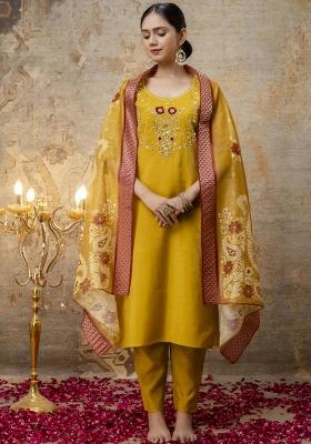 Yellow Embroidered Silk Salwar Kameez With Dupatta