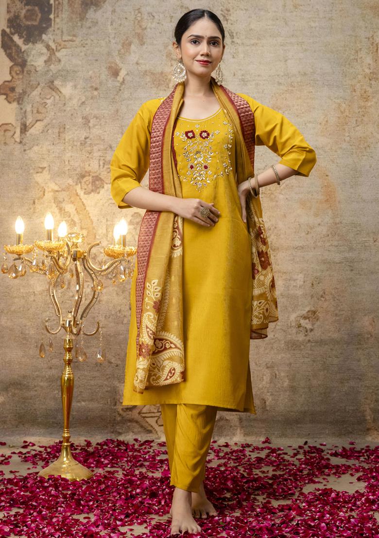 Yellow Embroidered Silk Salwar Kameez With Dupatta