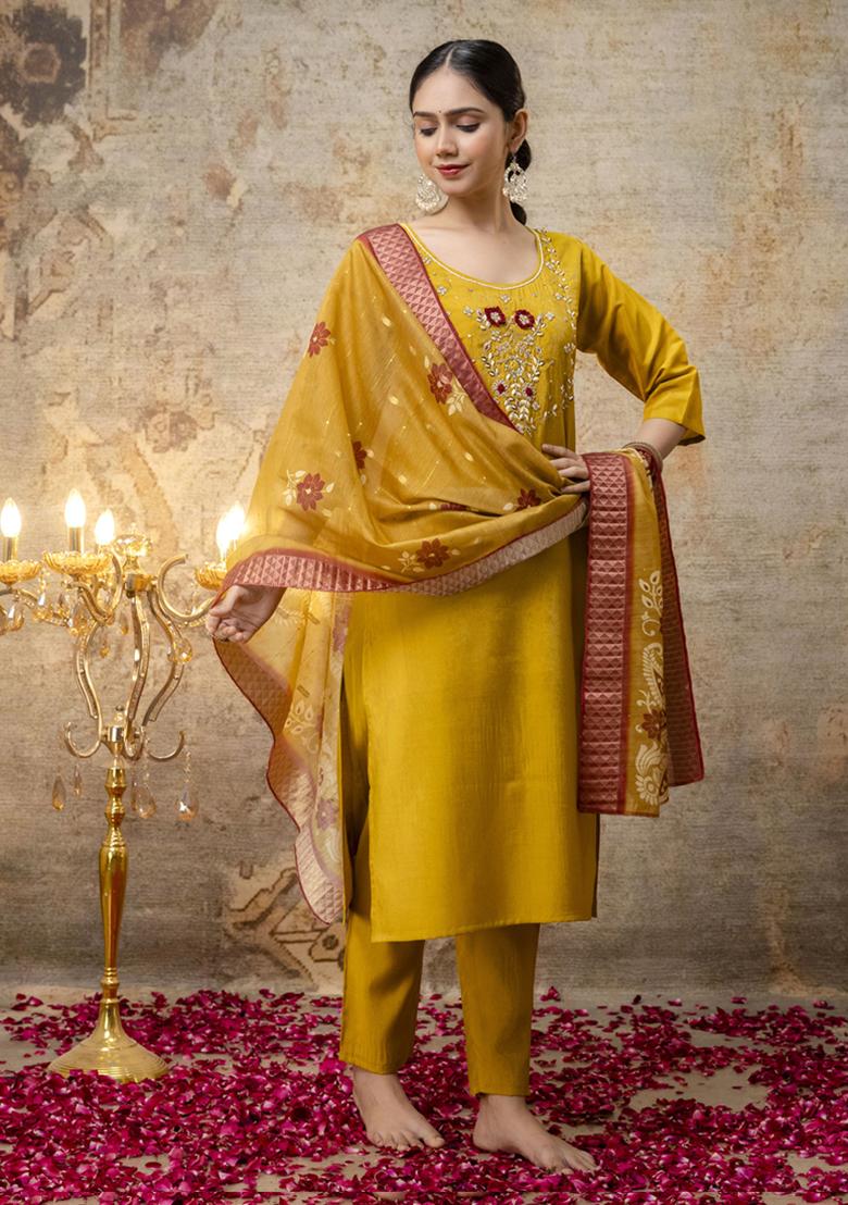 Yellow Embroidered Silk Salwar Kameez With Dupatta