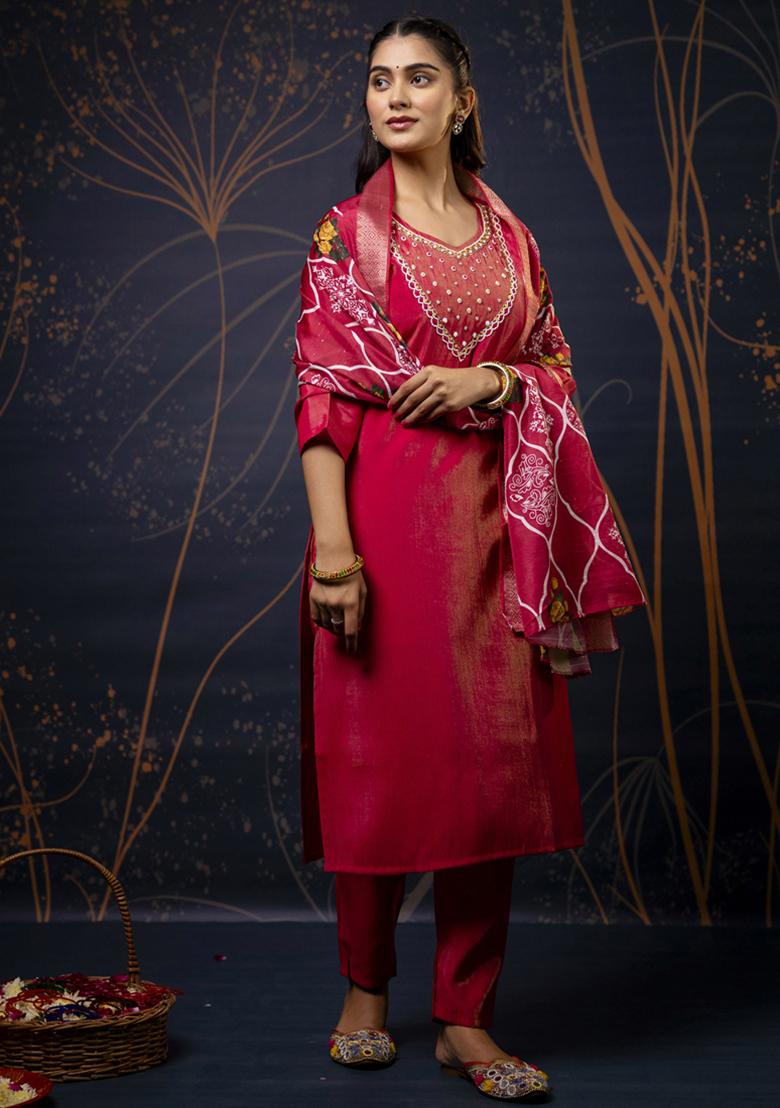 Red Embroidered Silk Salwar Kameez With Dupatta