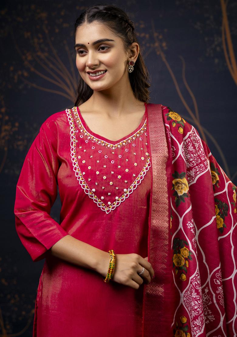 Red Embroidered Silk Salwar Kameez With Dupatta