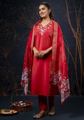 Red Embroidered Silk Salwar Kameez With Dupatta