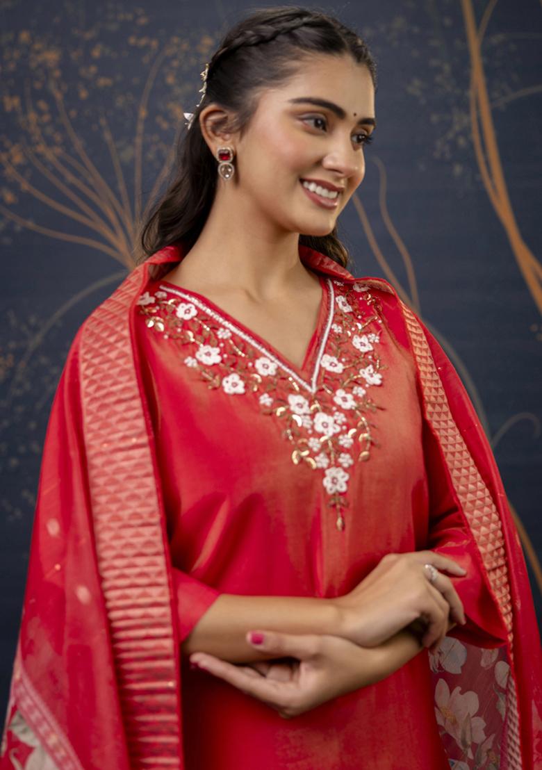 Red Embroidered Silk Salwar Kameez With Dupatta