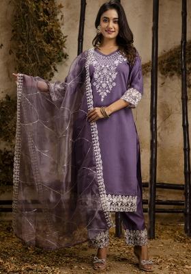 Lavender Embroidered Silk Salwar Kameez With Dupatta