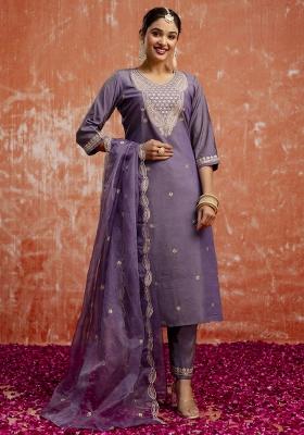 Lavender Embroidered Silk Salwar Kameez With Dupatta