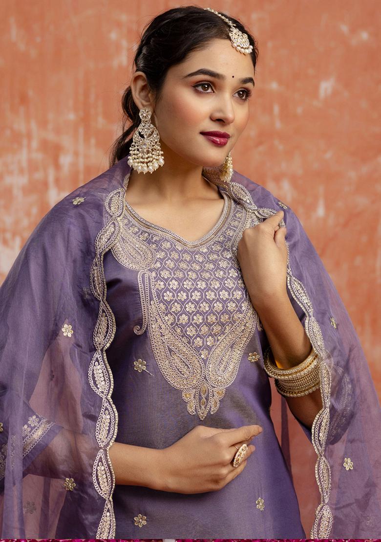 Lavender Embroidered Silk Salwar Kameez With Dupatta