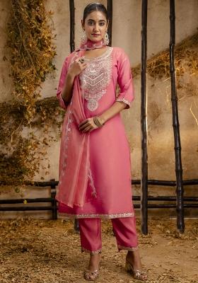 Pink Embroidered Silk Salwar Kameez With Dupatta