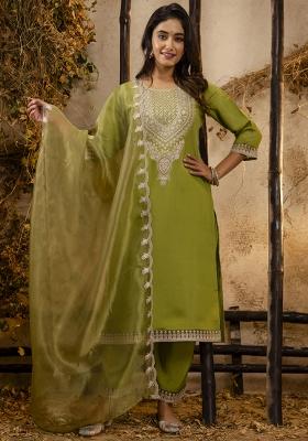 Light Green Embroidered Silk Salwar Kameez With Dupatta