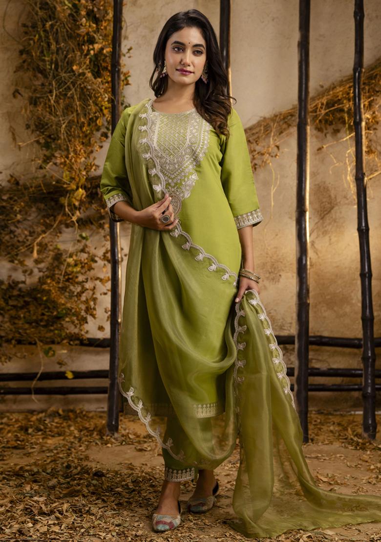 Light Green Embroidered Silk Salwar Kameez With Dupatta