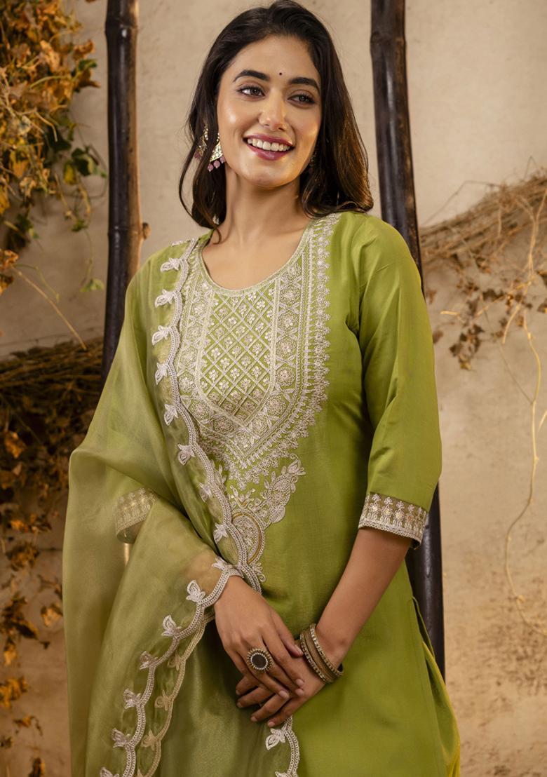 Light Green Embroidered Silk Salwar Kameez With Dupatta