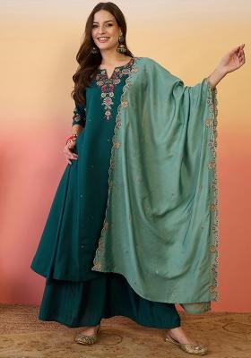 Green Embroidered Silk Plazzo Set With Dupatta
